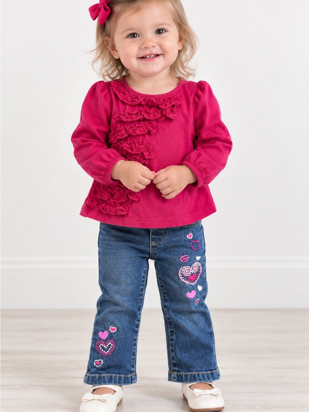 Girls mixed ruffle heart denim outfit
